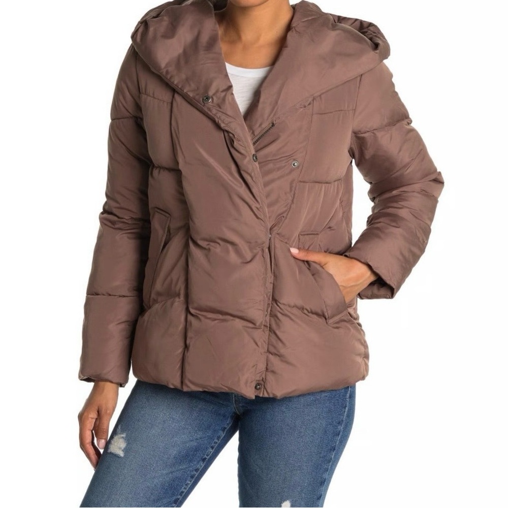 LUCKY BRAND Puffer Hoodie Jacket Missy Pillow Brown Slash Pockets Long Sleeve